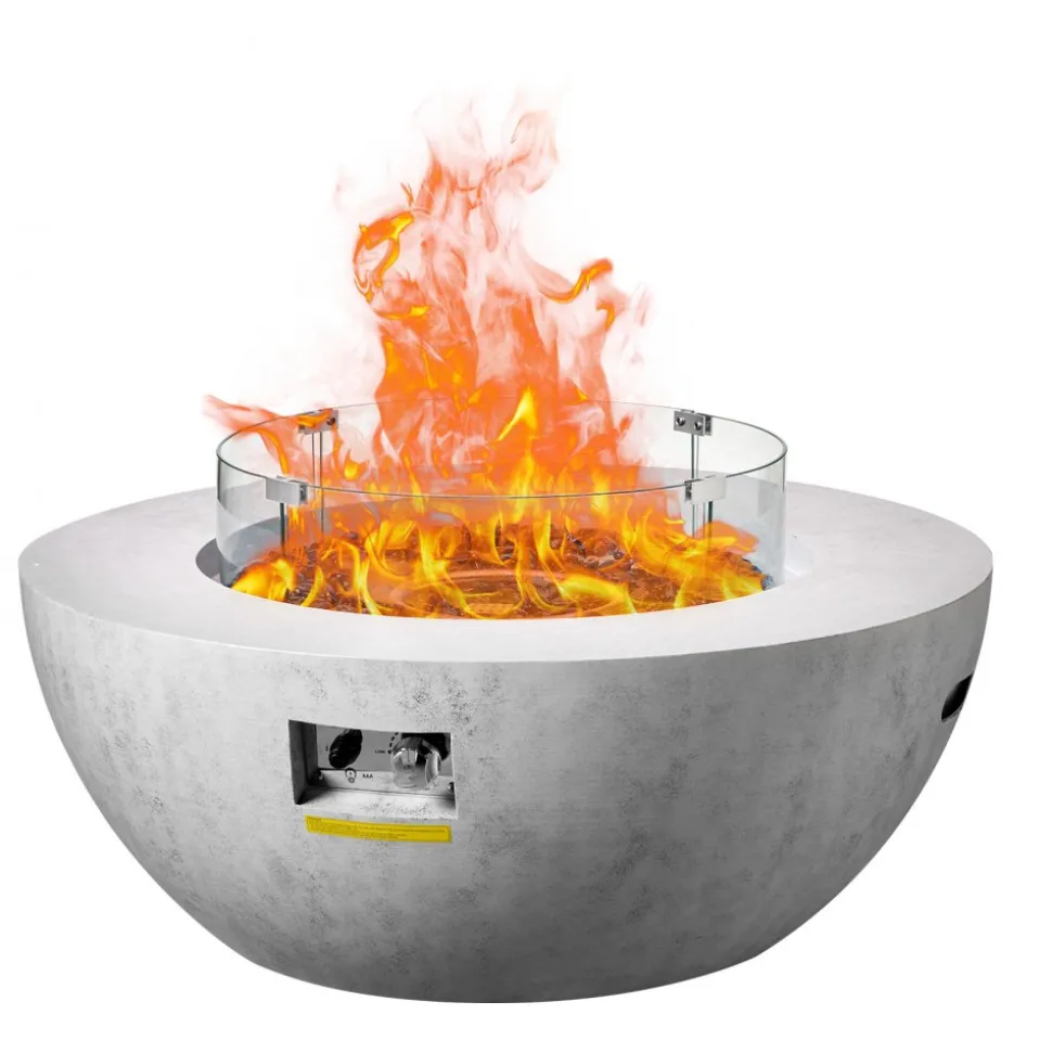 VEVOR Propane Fire Pit, Outdoor Concrete Gas Fire Pit, 39 in Tabletop with Lava Rocks, Lid,Rain Cover,Adjust Flame Height Camping Firepit for Heating, Lighting, 50000 BTU