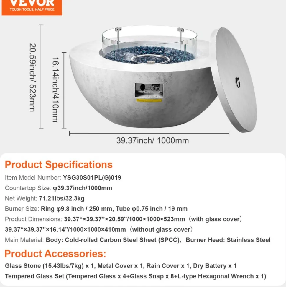 VEVOR Propane Fire Pit, Outdoor Concrete Gas Fire Pit, 39 in Tabletop with Lava Rocks, Lid,Rain Cover,Adjust Flame Height Camping Firepit for Heating, Lighting, 50000 BTU