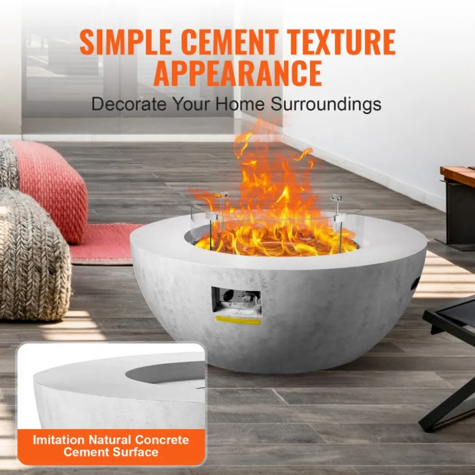 VEVOR Propane Fire Pit, Outdoor Concrete Gas Fire Pit, 39 in Tabletop with Lava Rocks, Lid,Rain Cover,Adjust Flame Height Camping Firepit for Heating, Lighting, 50000 BTU