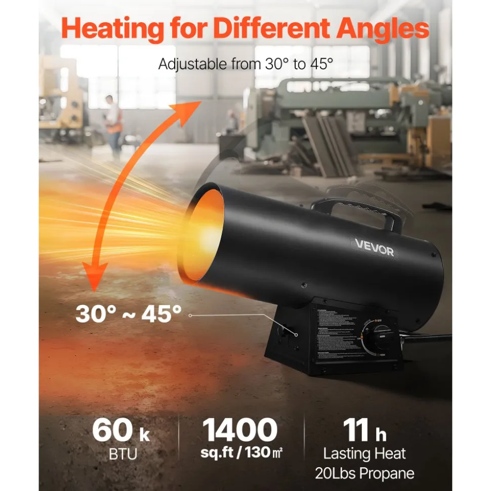 VEVOR Propane Heater, 60000BTU Forced Air Propane Heater with Stepless Temp Settings & security Protection, Portable Garage/Shop Barrel Heater for Garages, Job Sites,Indoor/Outdoor