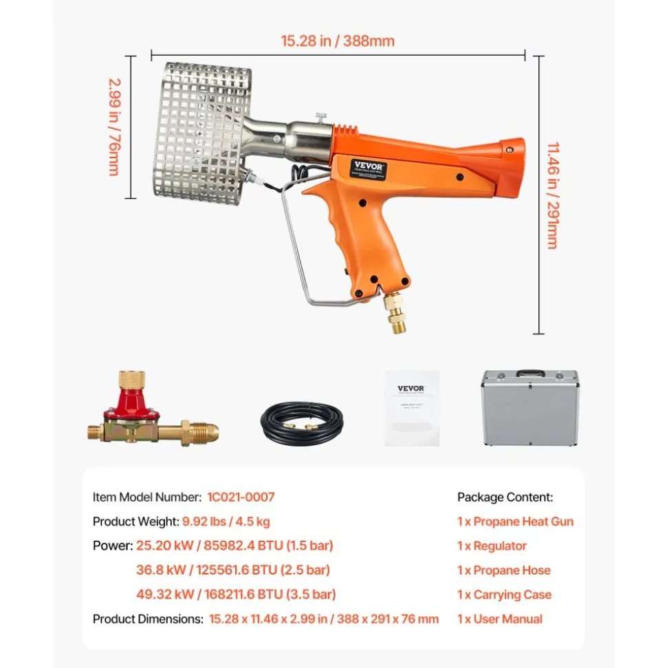 VEVOR Propane Heat Gun, Up to 187660 BTU Hot Air Gun with Adjustable Regulator, 26 FT Hose, and Hard Carrying Case, Ideal for Boat Plastic Film Shrink Wrapping, Pallet Packaging, Crafting