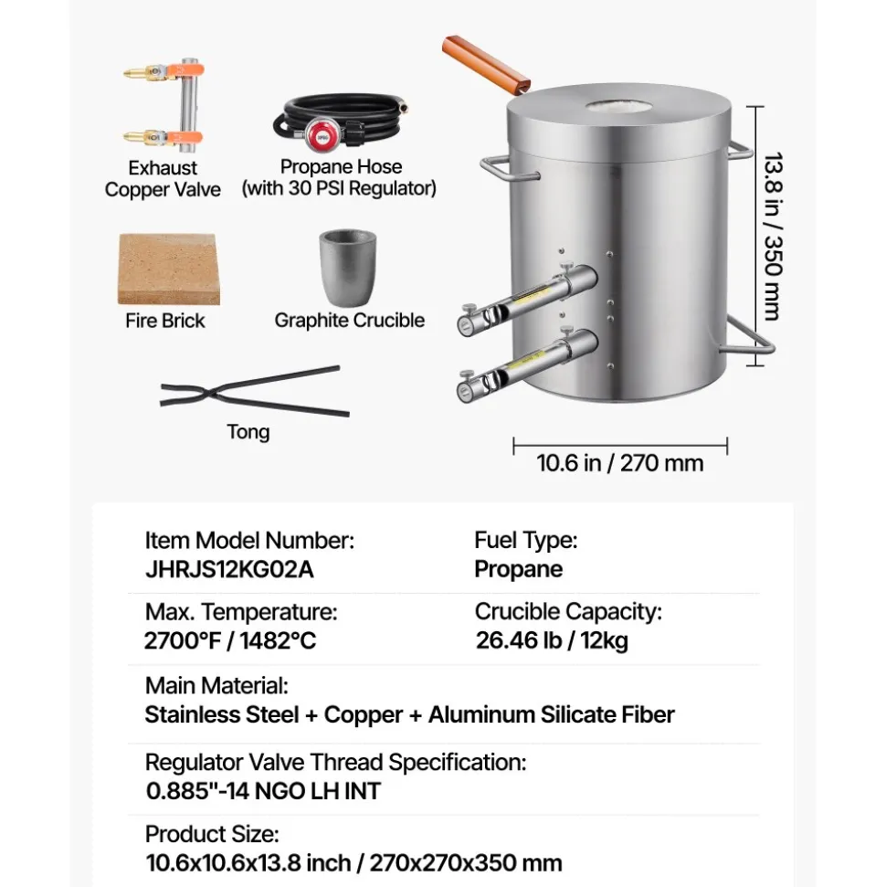 VEVOR Propane Melting Furnace Kit, 12KG Large Capacity Foundry Home Kilns,Stainless Steel Smelter, Blacksmithing Forge with Crucible an Tongs Kiln, For Metal Scrap Recycle, Gold Copper Silver Casting