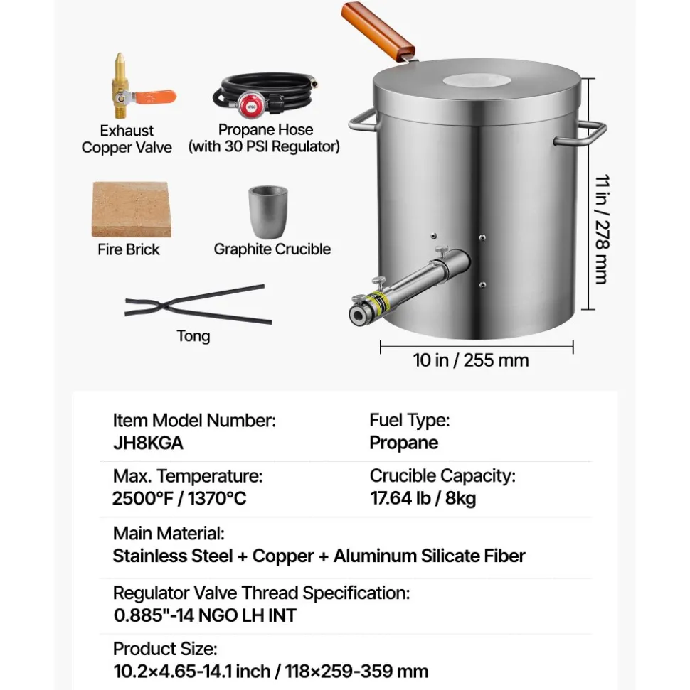 VEVOR Propane Melting Furnace Kit, 8KG/18lbs Gas Metal Melting Furnace Kit, Foundry Home Kiln with Crucible, Tongs, Wooden Handle, Smelting Casting Tool for Gold Silver Copper Aluminum Metal Recycle