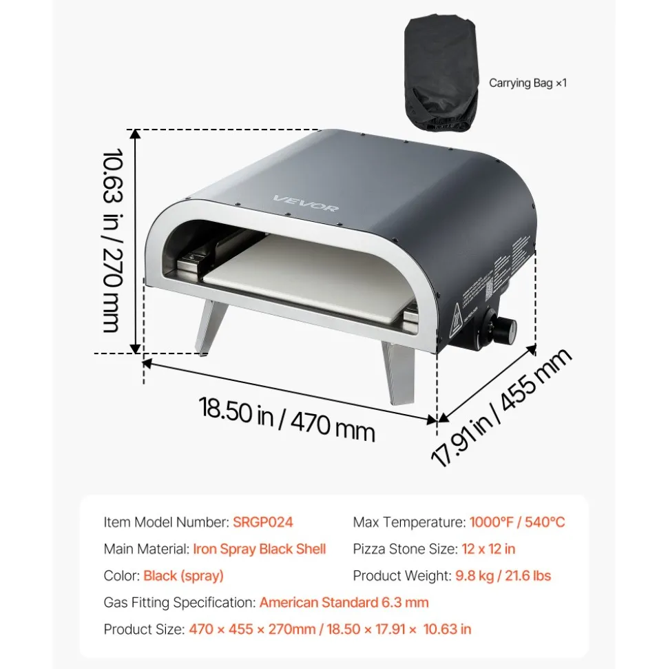 VEVOR Propane Outdoor Pizza Oven, 12 Inch Gas Pizza Maker, Portable Pizza-Cooker with Thickened Pizza-Stone, Carry Bag, Pizza-Oven for Outside Backyard Patio Camping, Black