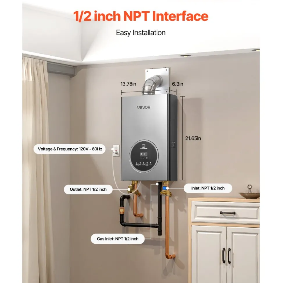VEVOR Propane Tankless Water Heater, 4.3Gal Indoor 100000 BTU Instant Hot Water Heater, Smart Temperature Control & Clear LED Display & Multiple Security Protections for Whole House, Silver Gray