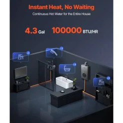VEVOR Propane Tankless Water Heater, 4.3Gal Indoor 100000 BTU Instant Hot Water Heater, Smart Temperature Control & Clear LED Display & Multiple Security Protections for Whole House, Silver Gray