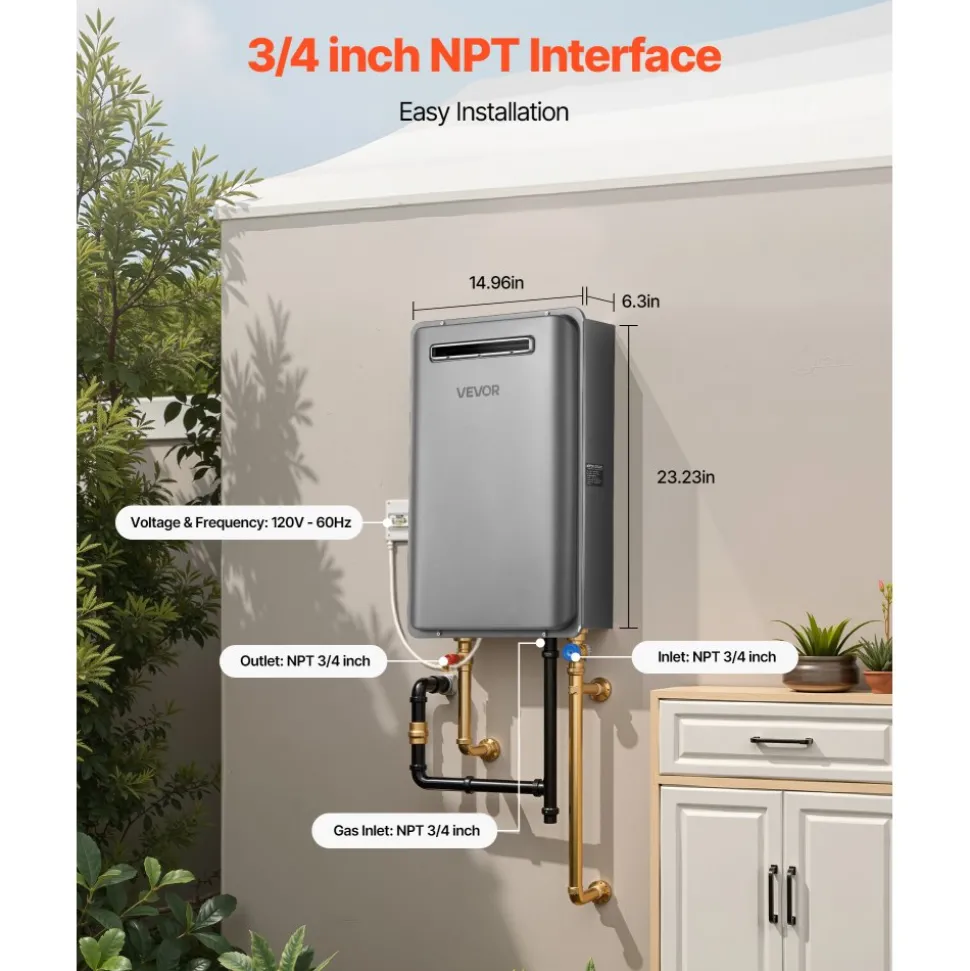 VEVOR Propane Tankless Water Heater, 5.3Gal Outdoor 120000 BTU Instant Hot Water Heater, Smart Temperature Control & 3/4 inch NPT Interface& Multiple Security Protections for Whole House, Silver Gray