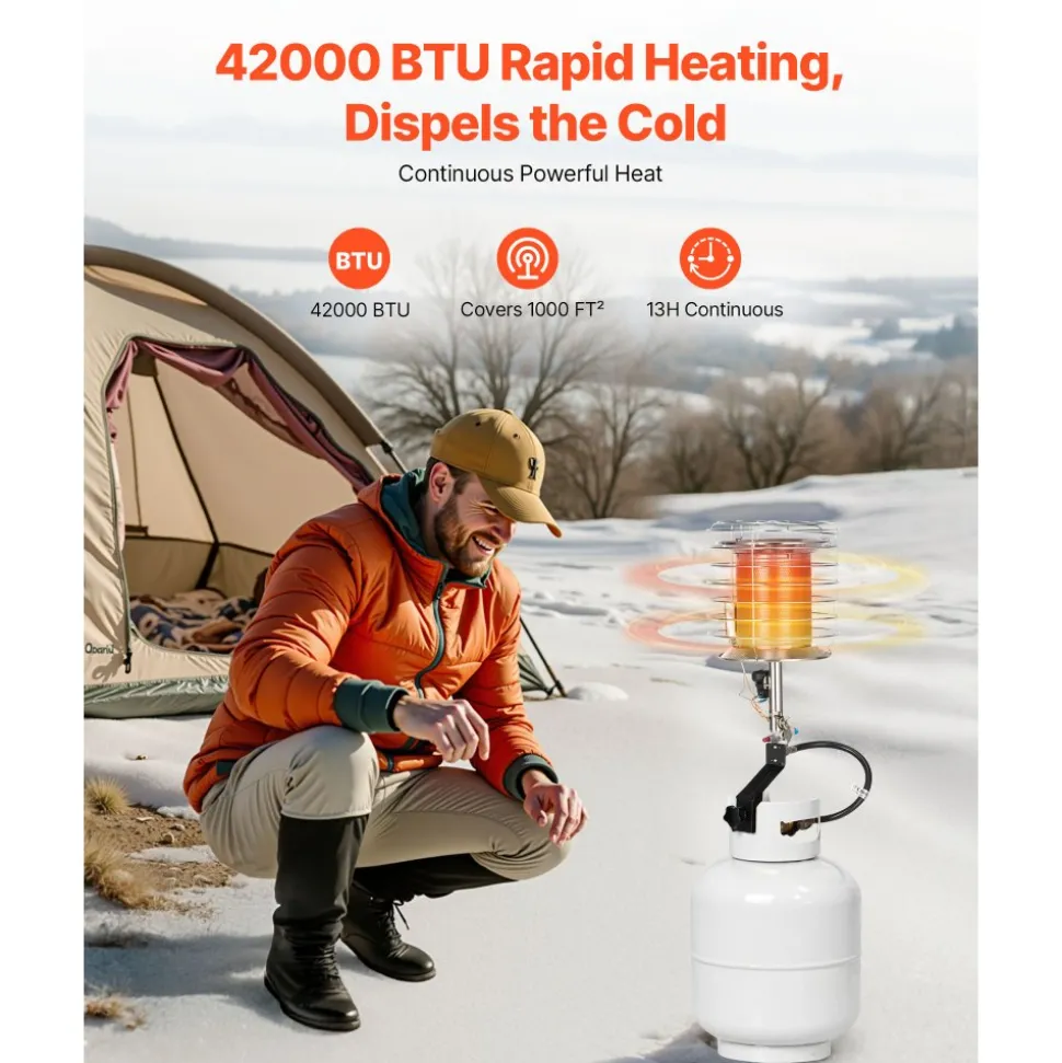 VEVOR Propane Tank Top Heater, 42000 BTU Rapid Heating 360-Degree Infrared Radiant Tank Top Gas Heater, Stepless Temperature Adjustment for Ice Fishing/ Hunting/Outdoor Work, Single Burner