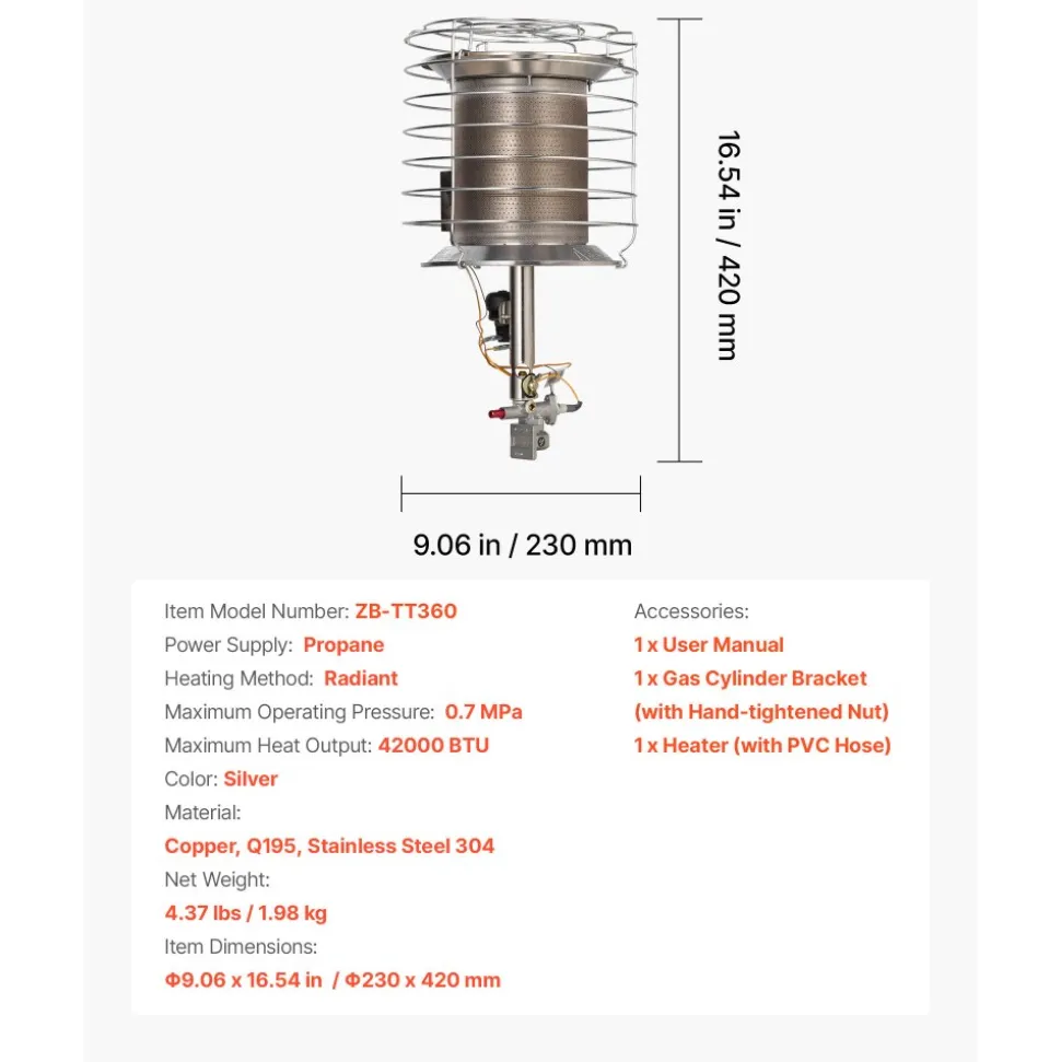 VEVOR Propane Tank Top Heater, 42000 BTU Rapid Heating 360-Degree Infrared Radiant Tank Top Gas Heater, Stepless Temperature Adjustment for Ice Fishing/ Hunting/Outdoor Work, Single Burner