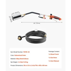 VEVOR Propane Torch Weed Burner, High Output 1,800,000 BTU with 10 ft Hose, Heavy Duty Blow Torch with Adjustable Flame and Turbo Trigger Push Button Igniter, Flamethrower Kit for Garden Ice Snow Road