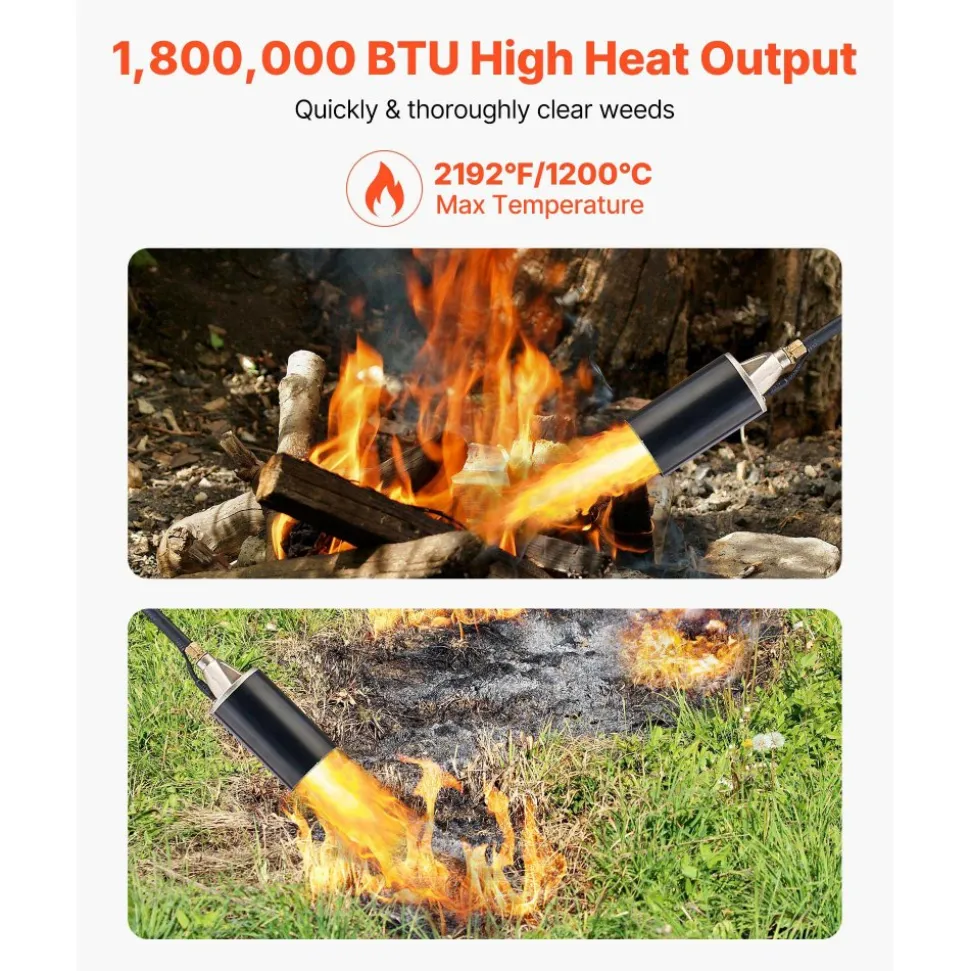 VEVOR Propane Torch Weed Burner, High Output 1,800,000 BTU with 10 ft Hose, Heavy Duty Blow Torch with Adjustable Flame & Turbo Trigger Push Button Auto Igniter, Flamethrower for Garden Ice Snow Road