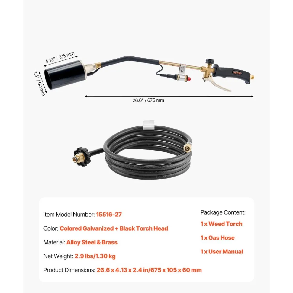 VEVOR Propane Torch Weed Burner, High Output 1,800,000 BTU with 10 ft Hose, Heavy Duty Blow Torch with Adjustable Flame & Turbo Trigger Push Button Auto Igniter, Flamethrower for Garden Ice Snow Road
