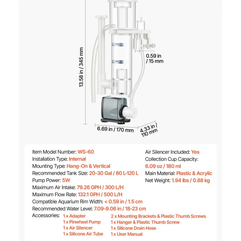 VEVOR Protein Skimmer for 20-30 Gal Saltwater Aquarium Hang On with DC Pump, Protein Skimmer with DC Pinwheel Pump, Adjustable Control, for 20-30 Gallon Small Saltwater Aquariums & Reef Tank Fish Tank