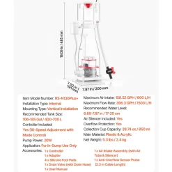 VEVOR Protein Skimmer for 106-185 Gal Saltwater Aquariums In Sump with Pump, Protein Skimmer with DC Pinwheel Pump, Adjustable Control, for 106-185 Gal Saltwater Aquarium & Reef Tank, In Sump Use Only
