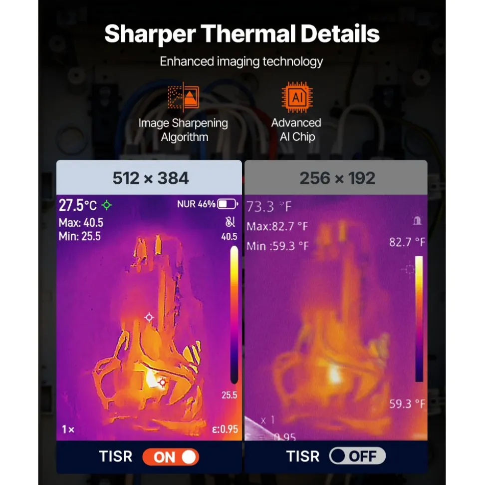 VEVOR Pro Thermal Imaging Camera, Upgraded 512 x 384 TISR Super Resolution, 3.45" LCD Infrared Thermal Imager with 2MP Visual Camera, 25HZ Refresh Rate, -4°F - 1022°F, 4 Image Modes & 7 Color Palettes