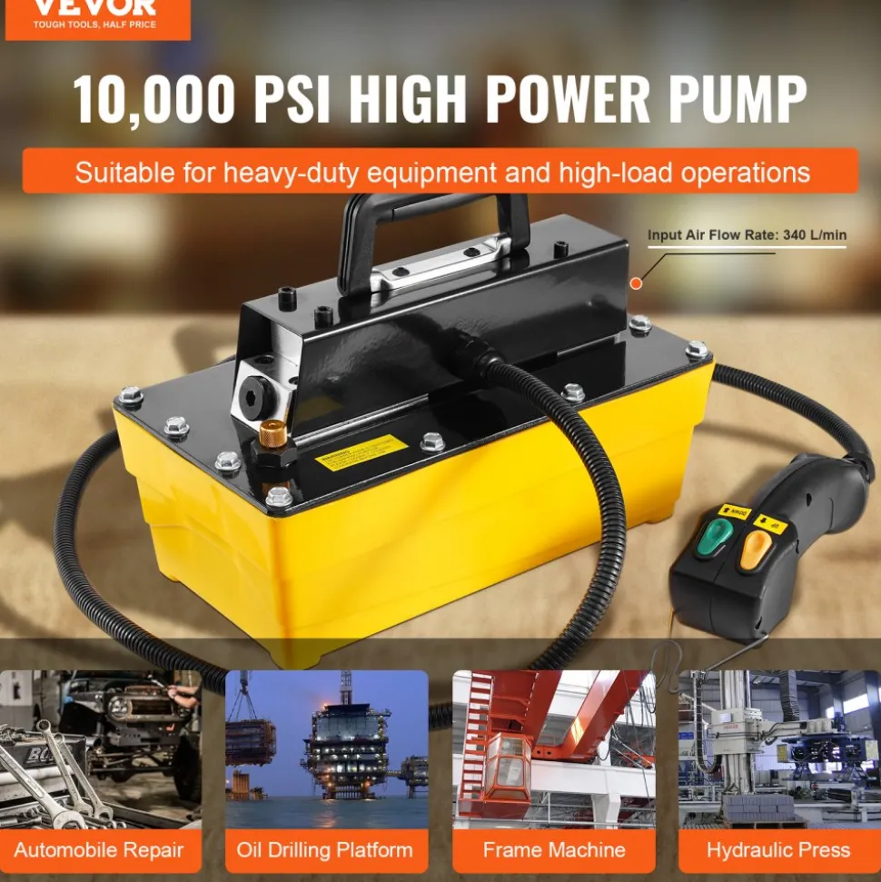 VEVOR 10,000PSI Air Hydraulic Pump, 0.42 Gal Reservoir, NPT 3/8 In Oil Outlet, NPT 1/4 In Inlet, Aluminum Shell Air Actuated Treadle Foot Pump, for Automobile Repair Frame Machine & Hydraulic Press
