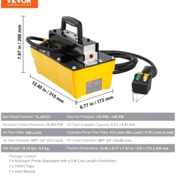 VEVOR 10,000PSI Air Hydraulic Pump, 0.42 Gal Reservoir, NPT 3/8 In Oil Outlet, NPT 1/4 In Inlet, Aluminum Shell Air Actuated Treadle Foot Pump, for Automobile Repair Frame Machine & Hydraulic Press