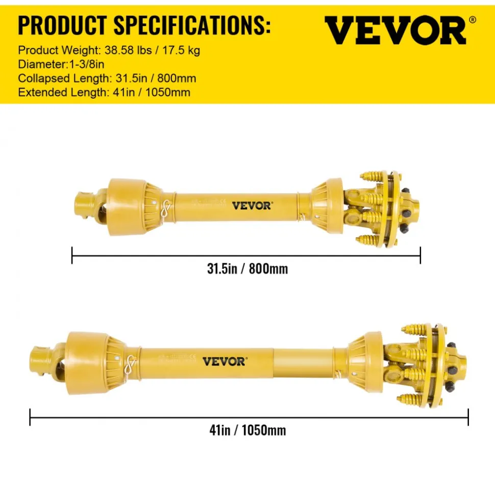 VEVOR PTO Shaft, 1-3/8" PTO Drive Shaft, 6 Spline Both Ends PTO Driveline Shaft, Series 5 Tractor PTO Shaft, 43"-57" Brush Hog PTO Shaft, Black PTO Shaft with Slip Clutch for Bush Hog/Finish Mower