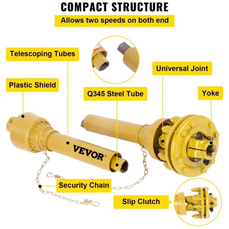 VEVOR PTO Shaft, 1-3/8" PTO Drive Shaft, 6 Spline Both Ends PTO Driveline Shaft, Series 5 Tractor PTO Shaft, 43"-57" Brush Hog PTO Shaft, Black PTO Shaft with Slip Clutch for Bush Hog/Finish Mower
