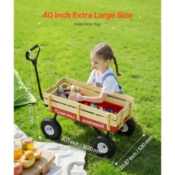VEVOR Pull-Along Wagon for Kids, 39 inch Toddler Wagons with Wooden Panels & Handle, Supports up to 330 lbs, All-Terrain Utility Wagon Cart Birthday Present for Kids Gardening Beach, Red
