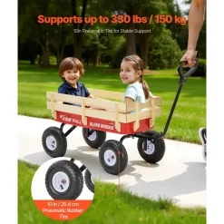 VEVOR Pull-Along Wagon for Kids, 39 inch Toddler Wagons with Wooden Panels & Handle, Supports up to 330 lbs, All-Terrain Utility Wagon Cart Birthday Present for Kids Gardening Beach, Red