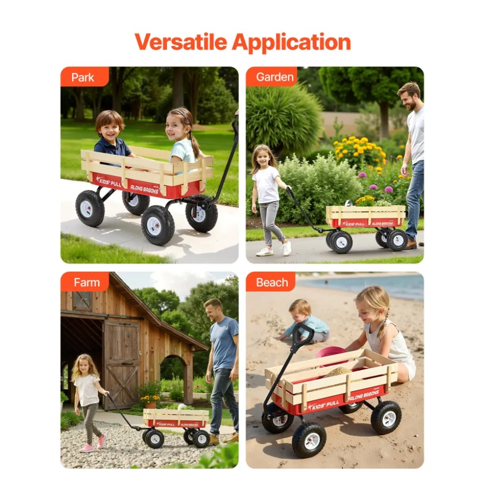 VEVOR Pull-Along Wagon for Kids, 39 inch Toddler Wagons with Wooden Panels & Handle, Supports up to 330 lbs, All-Terrain Utility Wagon Cart Birthday Present for Kids Gardening Beach, Red