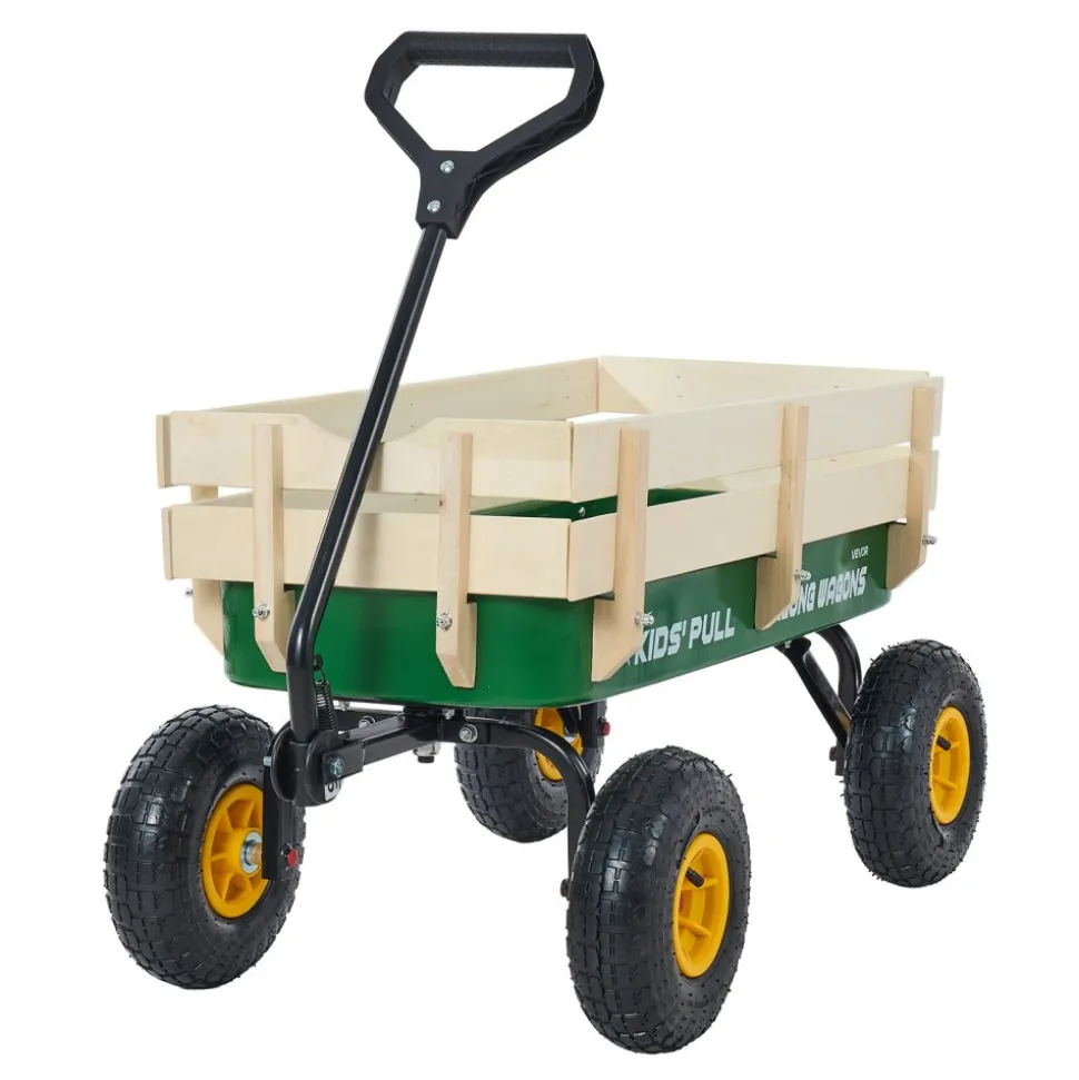 VEVOR Pull-Along Wagon for Kids, 39 inch Toddler Wagons with Wooden Panels & Handle, Supports up to 330 lbs, All-Terrain Utility Wagon Cart Birthday Present for Kids Gardening Beach, Green