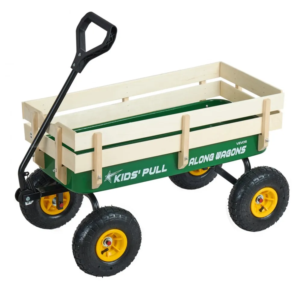VEVOR Pull-Along Wagon for Kids, 39 inch Toddler Wagons with Wooden Panels & Handle, Supports up to 330 lbs, All-Terrain Utility Wagon Cart Birthday Present for Kids Gardening Beach, Green