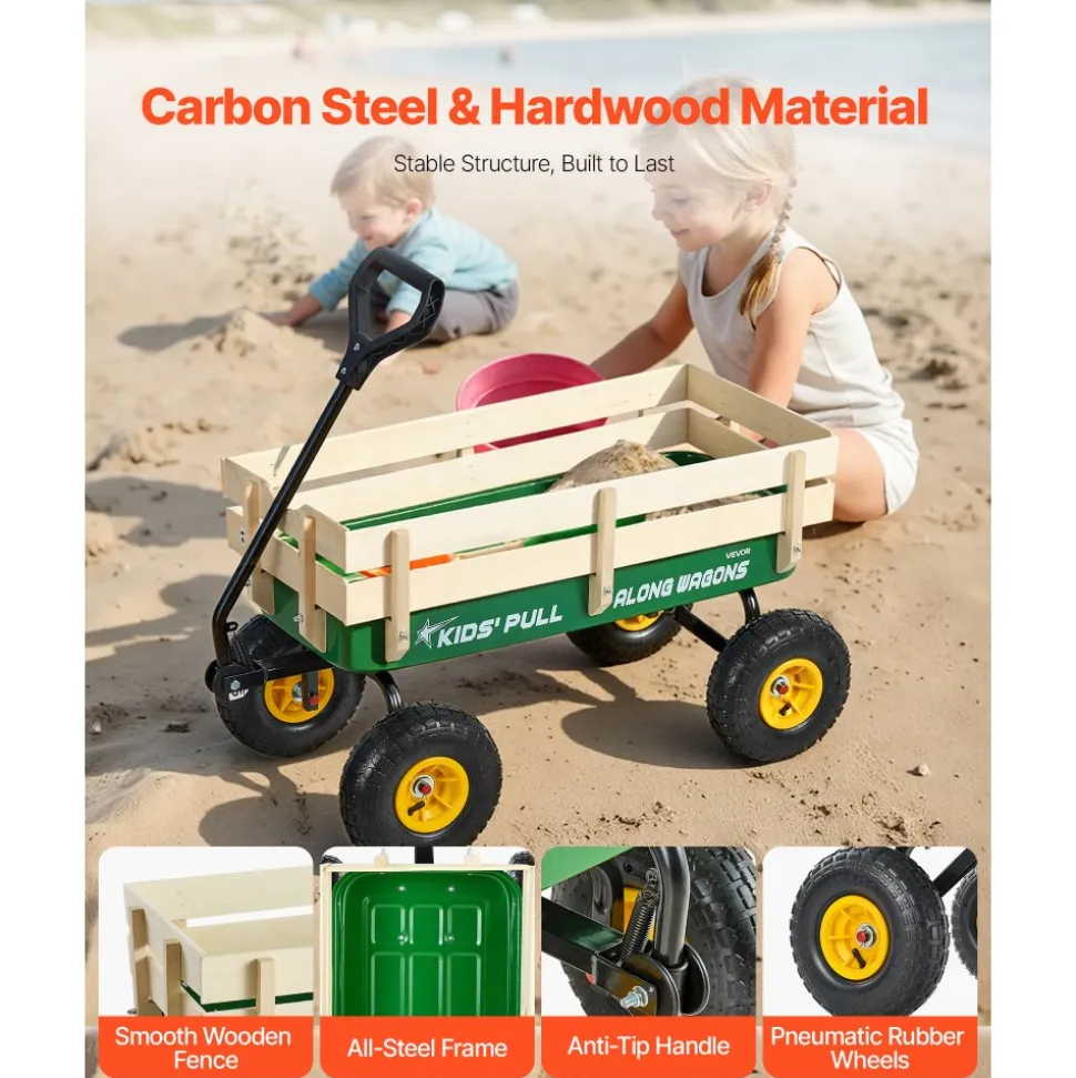 VEVOR Pull-Along Wagon for Kids, 39 inch Toddler Wagons with Wooden Panels & Handle, Supports up to 330 lbs, All-Terrain Utility Wagon Cart Birthday Present for Kids Gardening Beach, Green