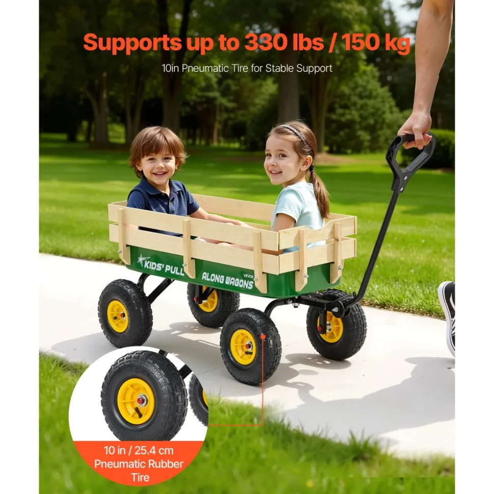 VEVOR Pull-Along Wagon for Kids, 39 inch Toddler Wagons with Wooden Panels & Handle, Supports up to 330 lbs, All-Terrain Utility Wagon Cart Birthday Present for Kids Gardening Beach, Green