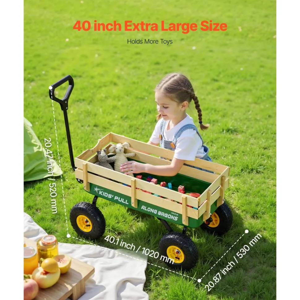 VEVOR Pull-Along Wagon for Kids, 39 inch Toddler Wagons with Wooden Panels & Handle, Supports up to 330 lbs, All-Terrain Utility Wagon Cart Birthday Present for Kids Gardening Beach, Green