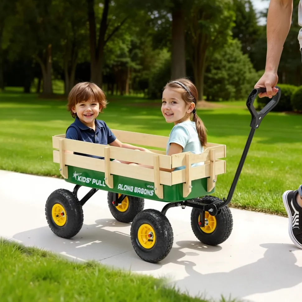 VEVOR Pull-Along Wagon for Kids, 39 inch Toddler Wagons with Wooden Panels & Handle, Supports up to 330 lbs, All-Terrain Utility Wagon Cart Birthday Present for Kids Gardening Beach, Green