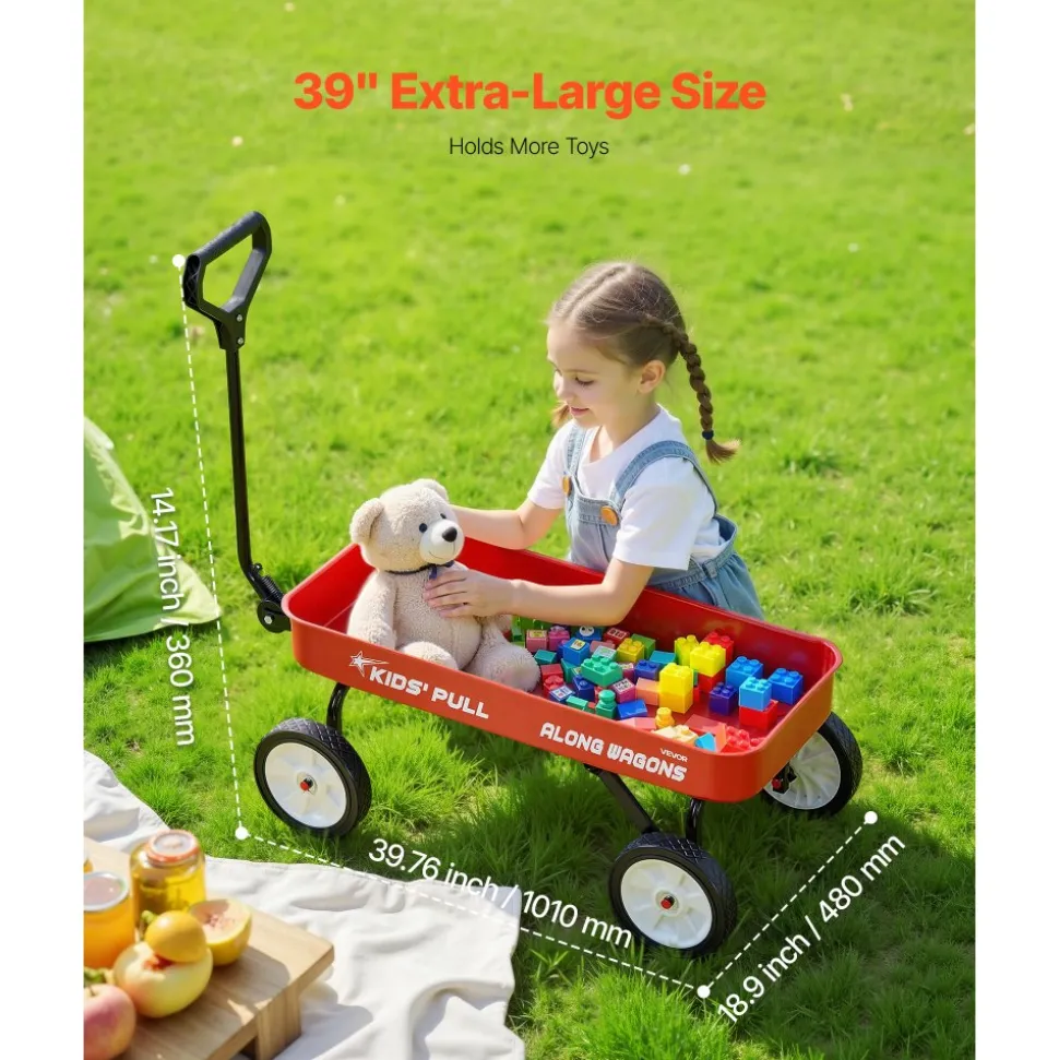 VEVOR Pull-Along Wagon for Kids, 39 in Toddler Wagons with Foldable Wooden Panel & Handle, Supports up to 551 lbs, 10" All-Terrain Tires, Utility Wagon Cart Birthday Present for Kids Gardening Beach