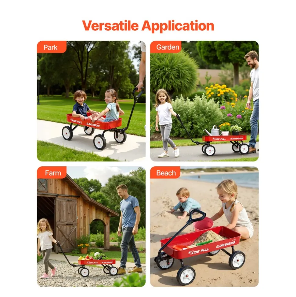 VEVOR Pull-Along Wagon for Kids, 39 in Toddler Wagons with Foldable Wooden Panel & Handle, Supports up to 551 lbs, 10" All-Terrain Tires, Utility Wagon Cart Birthday Present for Kids Gardening Beach