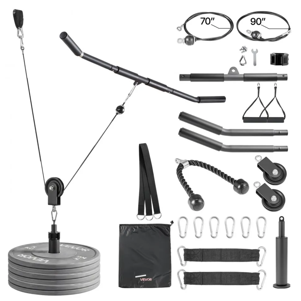 VEVOR Pulley System, 2 PCS LAT and Lift Pulley System, Gym Rack Pulleys Attachment with two Steel Cables, Short Bar, Dual Grip Handles, Cable Machine for Bicep, Shoulder, Back, Up to 330 lbs Capacity