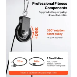 VEVOR Pulley System, 2 PCS LAT and Lift Pulley System, Gym Rack Pulleys Attachment with two Steel Cables, Short Bar, Dual Grip Handles, Cable Machine for Bicep, Shoulder, Back, Up to 330 lbs Capacity