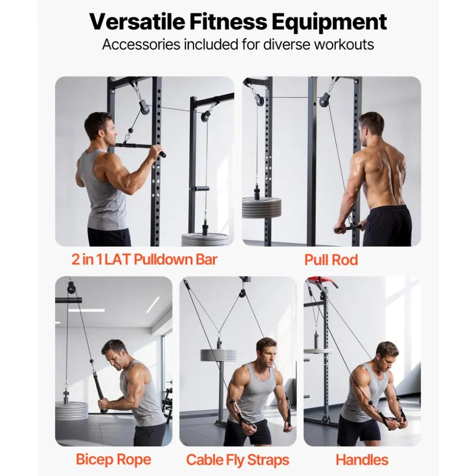 VEVOR Pulley System, 2 PCS LAT and Lift Pulley System, Gym Rack Pulleys Attachment with two Steel Cables, Short Bar, Dual Grip Handles, Cable Machine for Bicep, Shoulder, Back, Up to 330 lbs Capacity