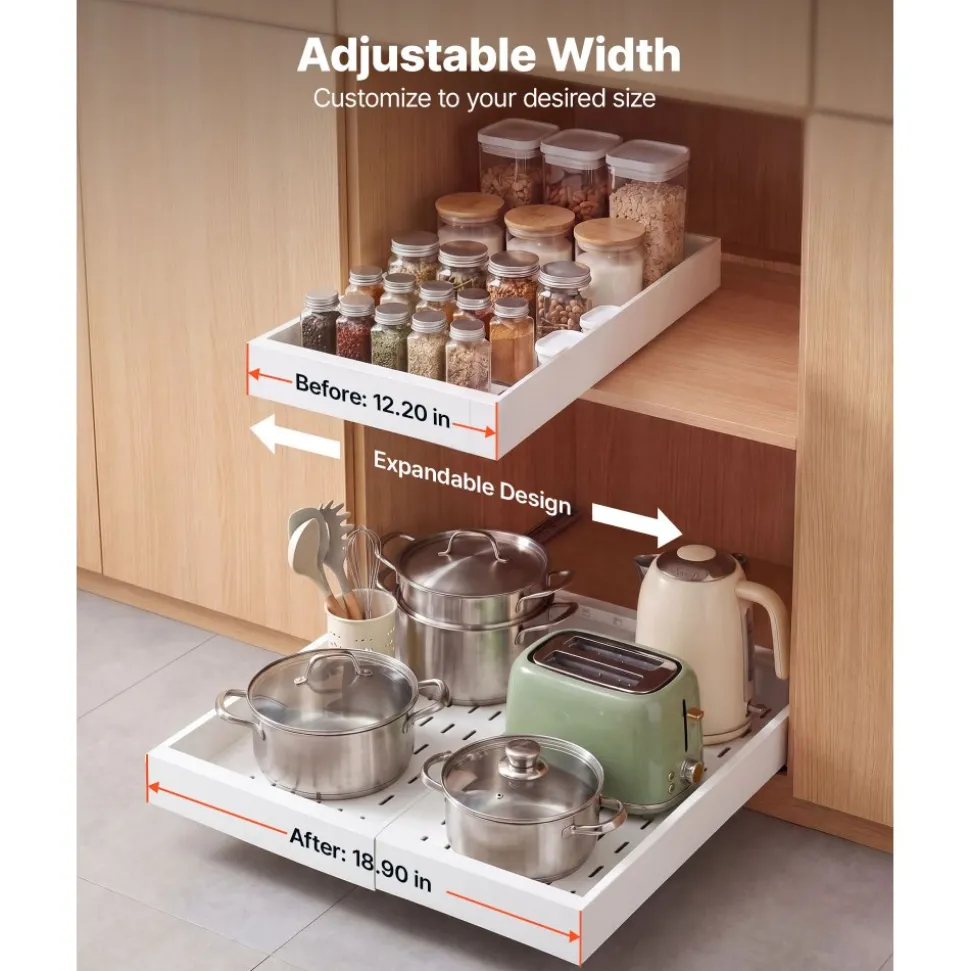 VEVOR Pull Out Cabinet Organizer, 4 Pack Expandable Width (12.2"-18.9"), 20.47" Deep Pull Out Drawers for Cabinets, Sliding Drawer for Kitchen Pantry Cabinet Organizer with Nano Adhesive Strips, White