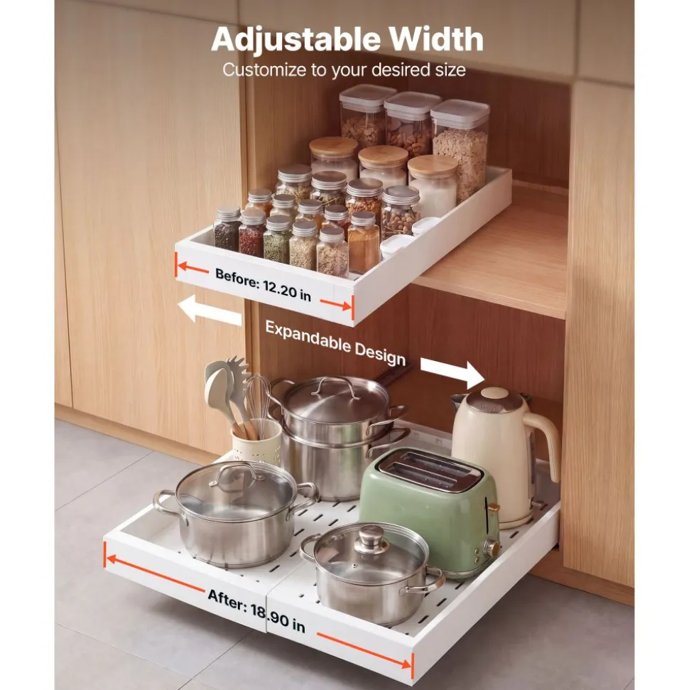 VEVOR Pull Out Cabinet Organizer, 2 Pack Expandable Width (12.2"-18.9"), 20.47" Deep Pull Out Drawers for Cabinets, Sliding Drawer for Kitchen Pantry Cabinet Organizer with Nano Adhesive Strips, White