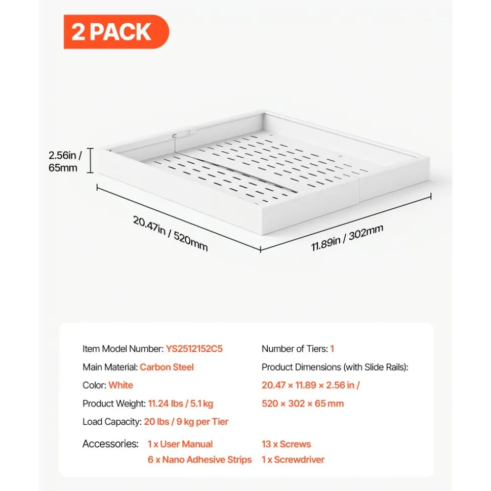 VEVOR Pull Out Cabinet Organizer, 2 Pack Expandable Width (12.2"-18.9"), 20.47" Deep Pull Out Drawers for Cabinets, Sliding Drawer for Kitchen Pantry Cabinet Organizer with Nano Adhesive Strips, White