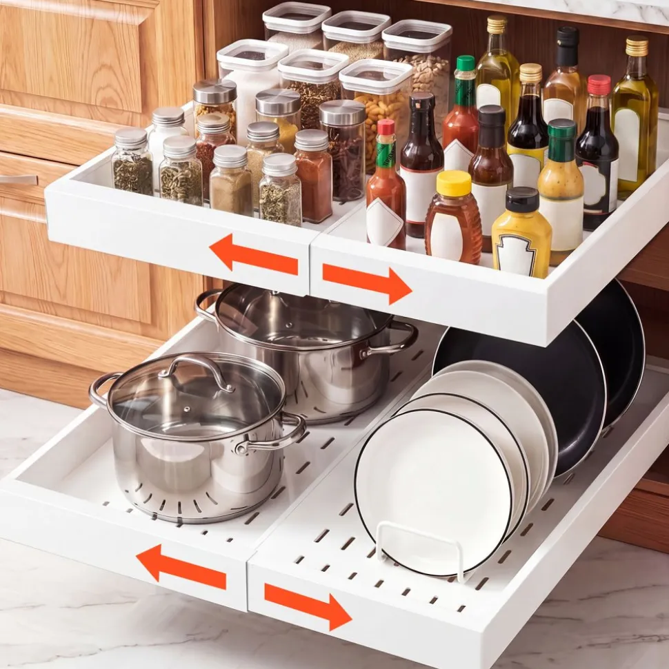VEVOR Pull Out Cabinet Organizer, 2 Pack Expandable Width (12.2"-18.9"), 20.47" Deep Pull Out Drawers for Cabinets, Sliding Drawer for Kitchen Pantry Cabinet Organizer with Nano Adhesive Strips, White