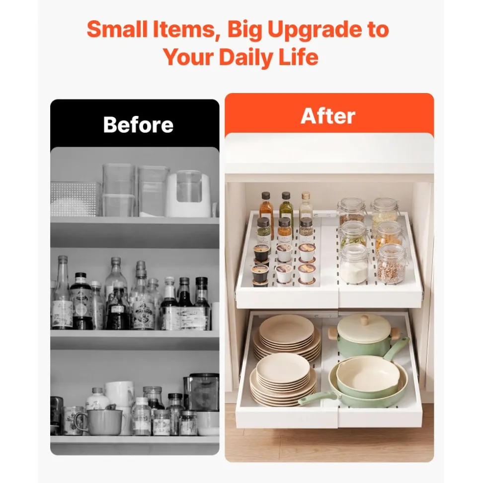 VEVOR Pull Out Cabinet Organizer, 2 Pack Expandable Width (12.2"-18.9"), 20.47" Deep Pull Out Drawers for Cabinets, Sliding Drawer for Kitchen Pantry Cabinet Organizer with Nano Adhesive Strips, White
