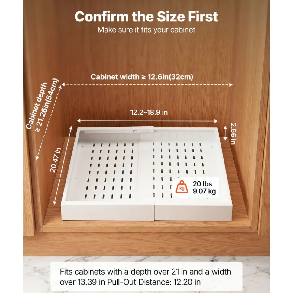 VEVOR Pull Out Cabinet Organizer, 2 Pack Expandable Width (12.2"-18.9"), 20.47" Deep Pull Out Drawers for Cabinets, Sliding Drawer for Kitchen Pantry Cabinet Organizer with Nano Adhesive Strips, White