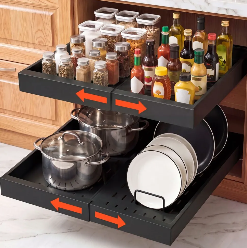 VEVOR Pull Out Cabinet Organizer, 2 Pack Expandable Width (12.2"-18.9"), 20.47" Deep Pull Out Drawers for Cabinets, Sliding Drawer for Kitchen Pantry Cabinet Organizer with Nano Adhesive Strips, Black