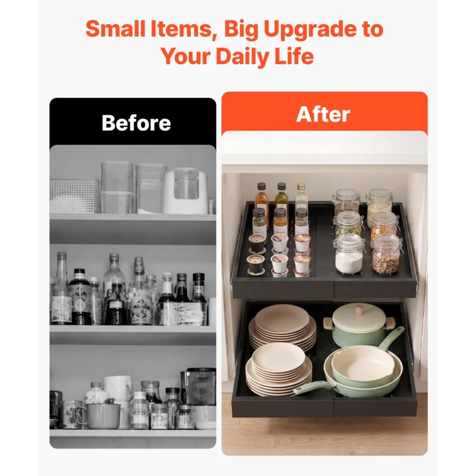 VEVOR Pull Out Cabinet Organizer, 2 Pack Expandable Width (12.2"-18.9"), 20.47" Deep Pull Out Drawers for Cabinets, Sliding Drawer for Kitchen Pantry Cabinet Organizer with Nano Adhesive Strips, Black