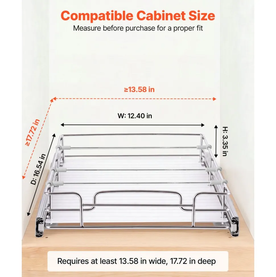 VEVOR Pull Out Cabinet Organizer 12.4"W x 16.54"D Steel Slide Out Drawers, for Kitchen Bathroom Pantry Home Organization, Chrome-Plated Finish, Heavy Duty Storage Sliding Shelves for Base Cabinets