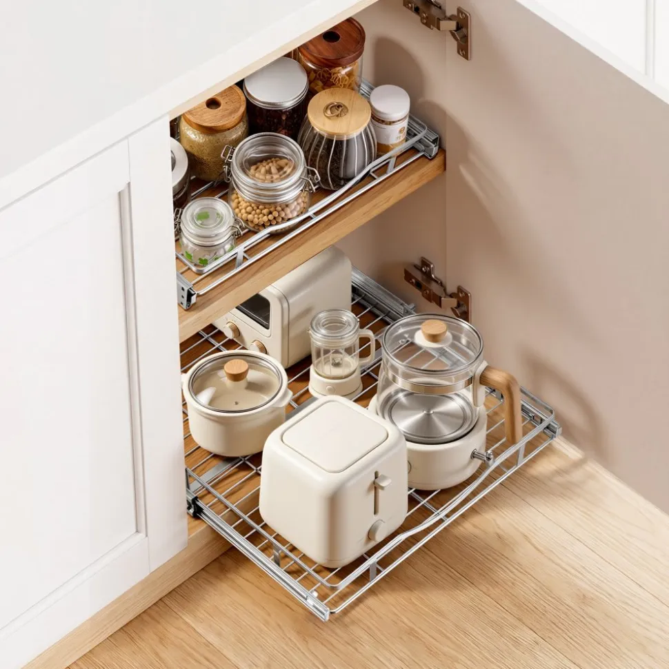 VEVOR Pull Out Cabinet Organizer 16.93"W x 21.06"D Steel Slide Out Drawers, for Kitchen Bathroom Pantry Home Organization, Chrome-Plated Finish, Heavy Duty Storage Sliding Shelves for Base Cabinets