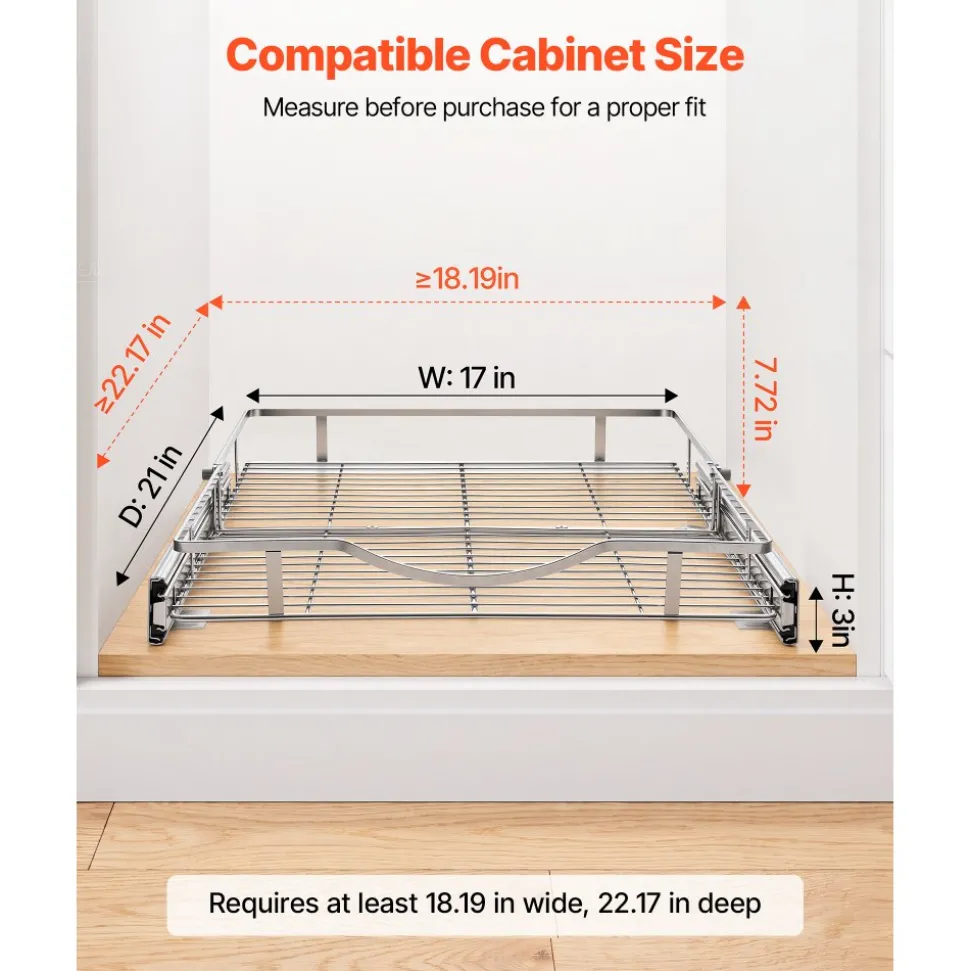 VEVOR Pull Out Cabinet Organizer 16.93"W x 21.06"D Steel Slide Out Drawers, for Kitchen Bathroom Pantry Home Organization, Chrome-Plated Finish, Heavy Duty Storage Sliding Shelves for Base Cabinets