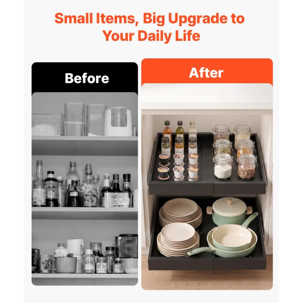 VEVOR Pull Out Cabinet Organizer, 4 Pack Expandable Width (12.2"-18.9"), 20.47" Deep Pull Out Drawers for Cabinets, Sliding Drawer for Kitchen Pantry Cabinet Organizer with Nano Adhesive Strips, Black