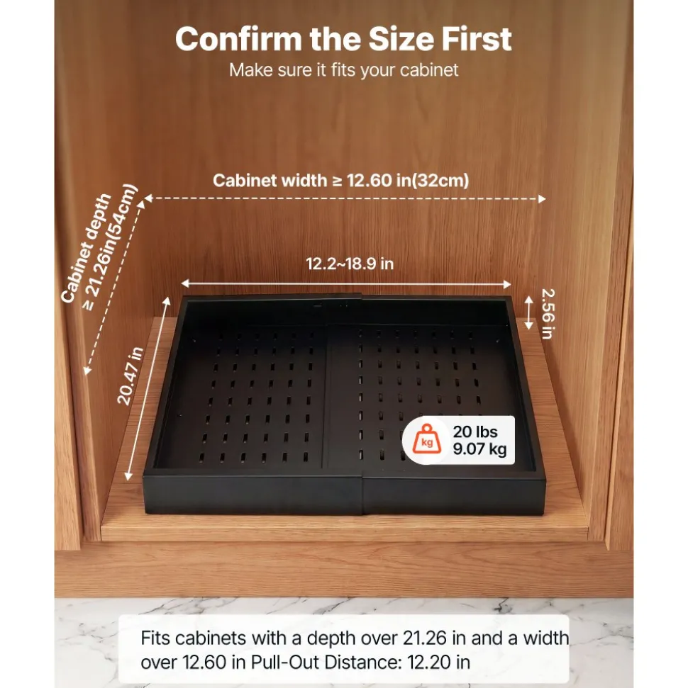 VEVOR Pull Out Cabinet Organizer, 4 Pack Expandable Width (12.2"-18.9"), 20.47" Deep Pull Out Drawers for Cabinets, Sliding Drawer for Kitchen Pantry Cabinet Organizer with Nano Adhesive Strips, Black